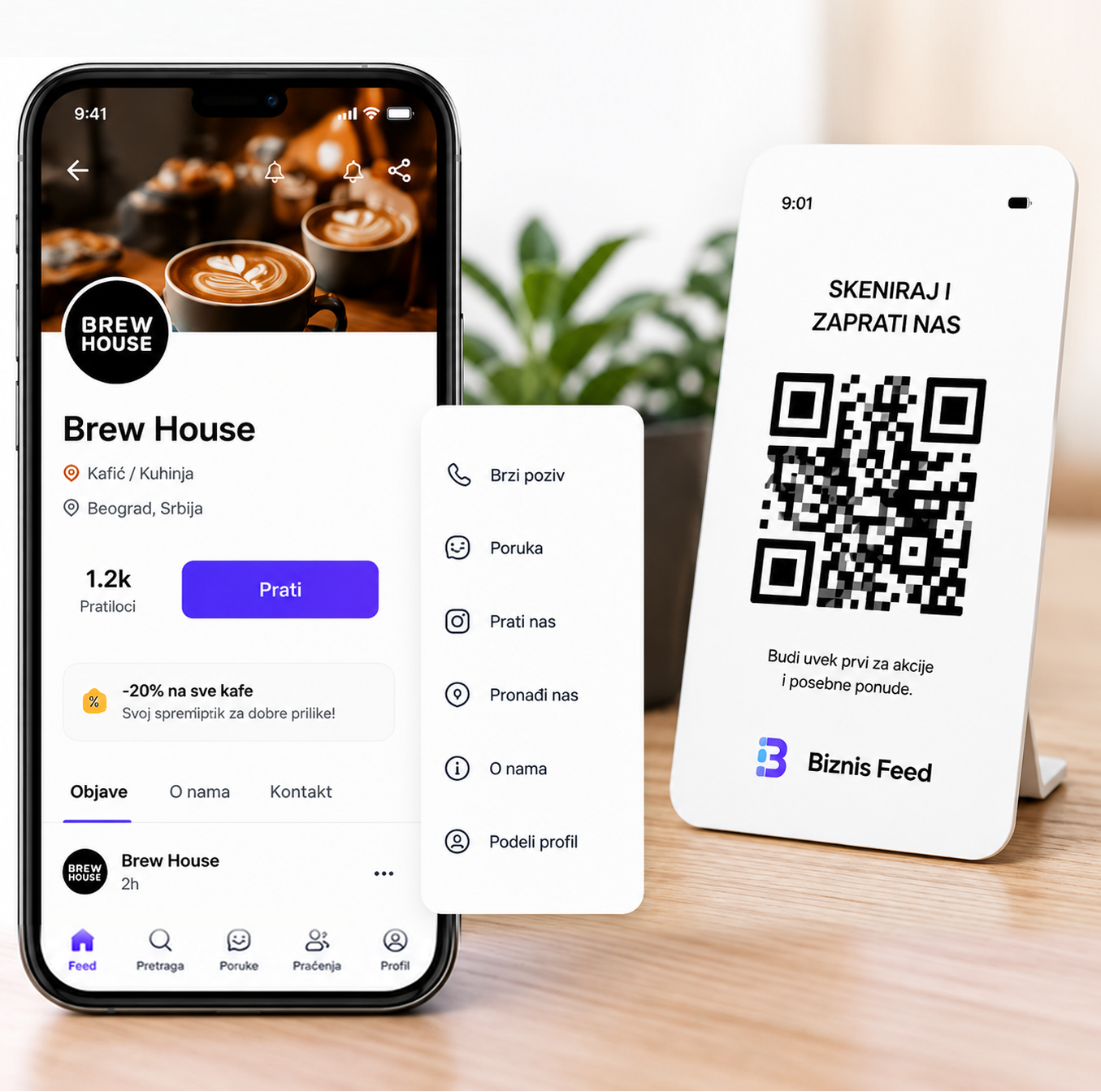 BiznisFeed aplikacija — Coffee House profil i QR kod